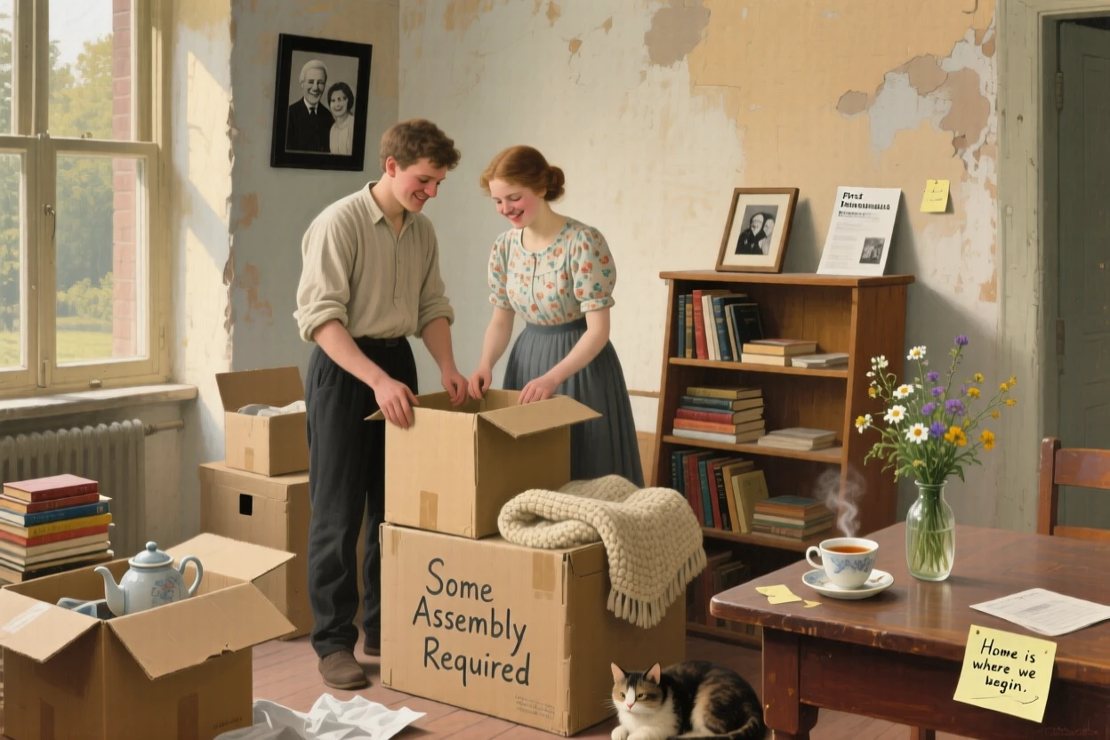 A young couple unpacking boxes in their first apartment together, surrounded by the comfortable clutter of everyday domestic life, designed to remind viewers of their own cherished family memories