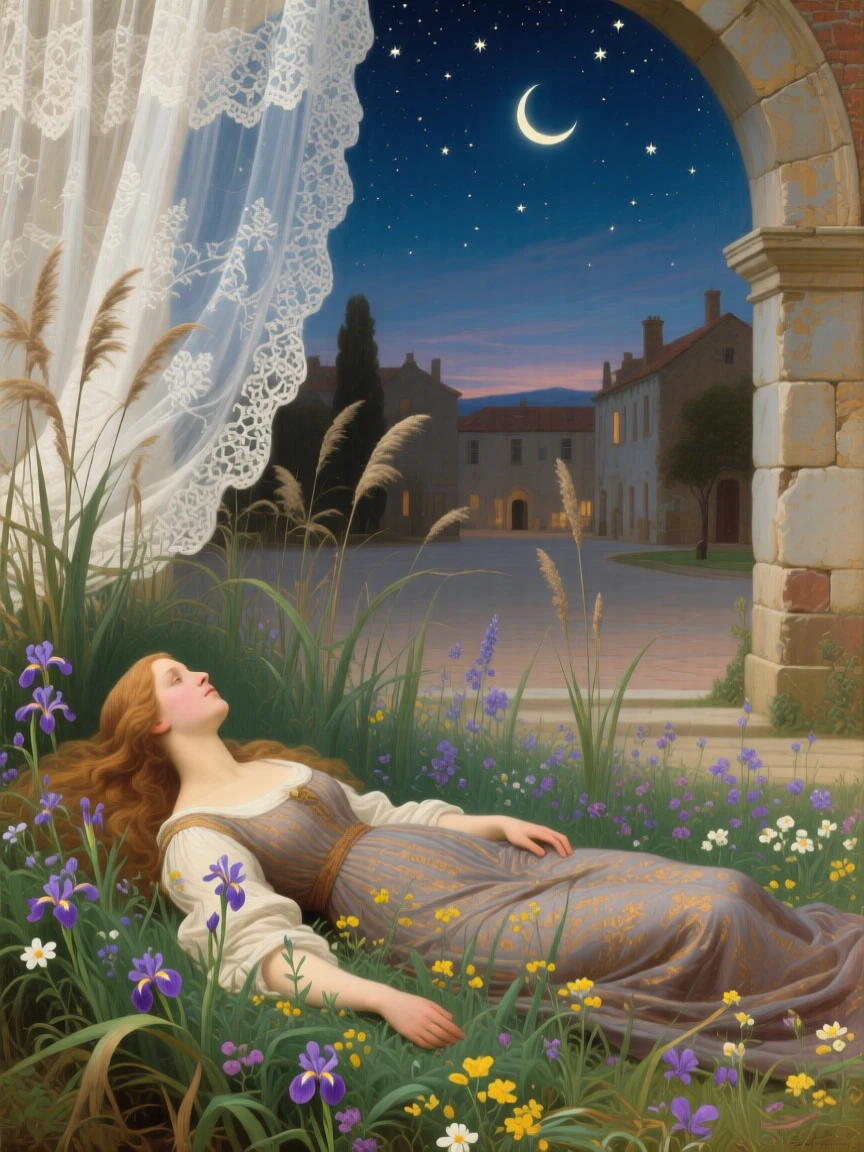 Ophelia drifting gently among wildflowers and reeds at the exact moment magic and reality intertwine, set beneath a canopy of stars over a sleepy village square, with a crescent moon rising behind delicate lace curtains; receding archways create a sense of stepping into another world, evoking nostalgia, wonder, and the timeless magic of storytelling.