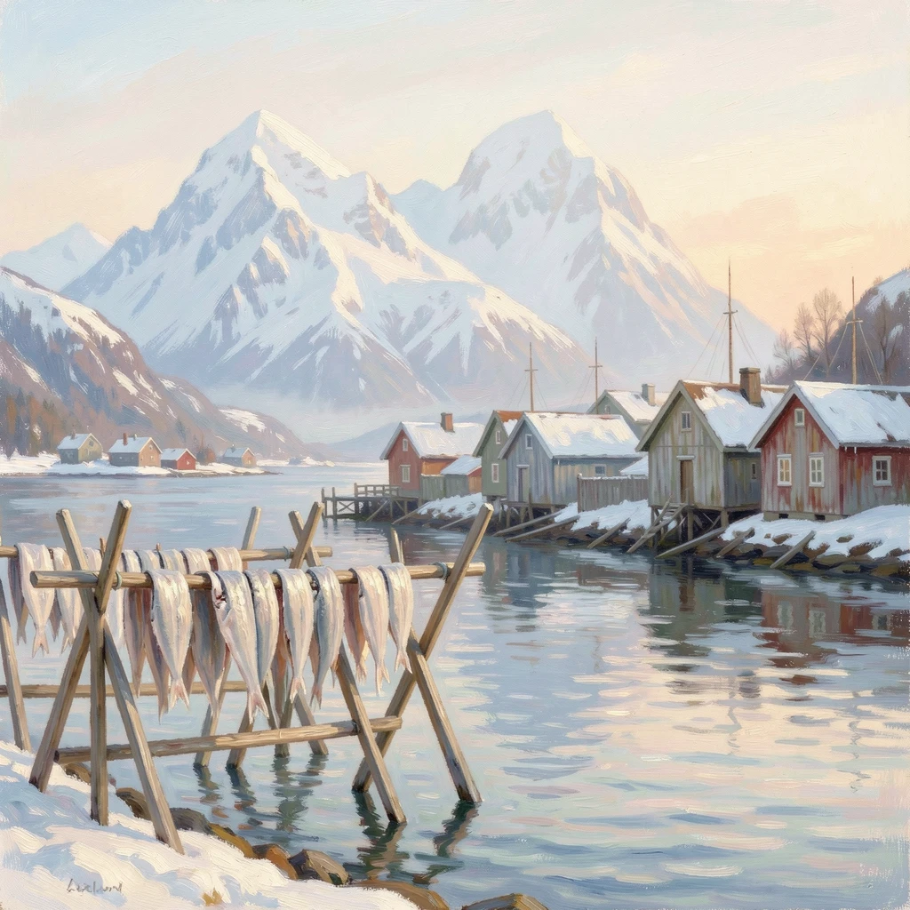 A quiet Nordic fishing village where drying racks of cod stand against a backdrop of snowy peaks.