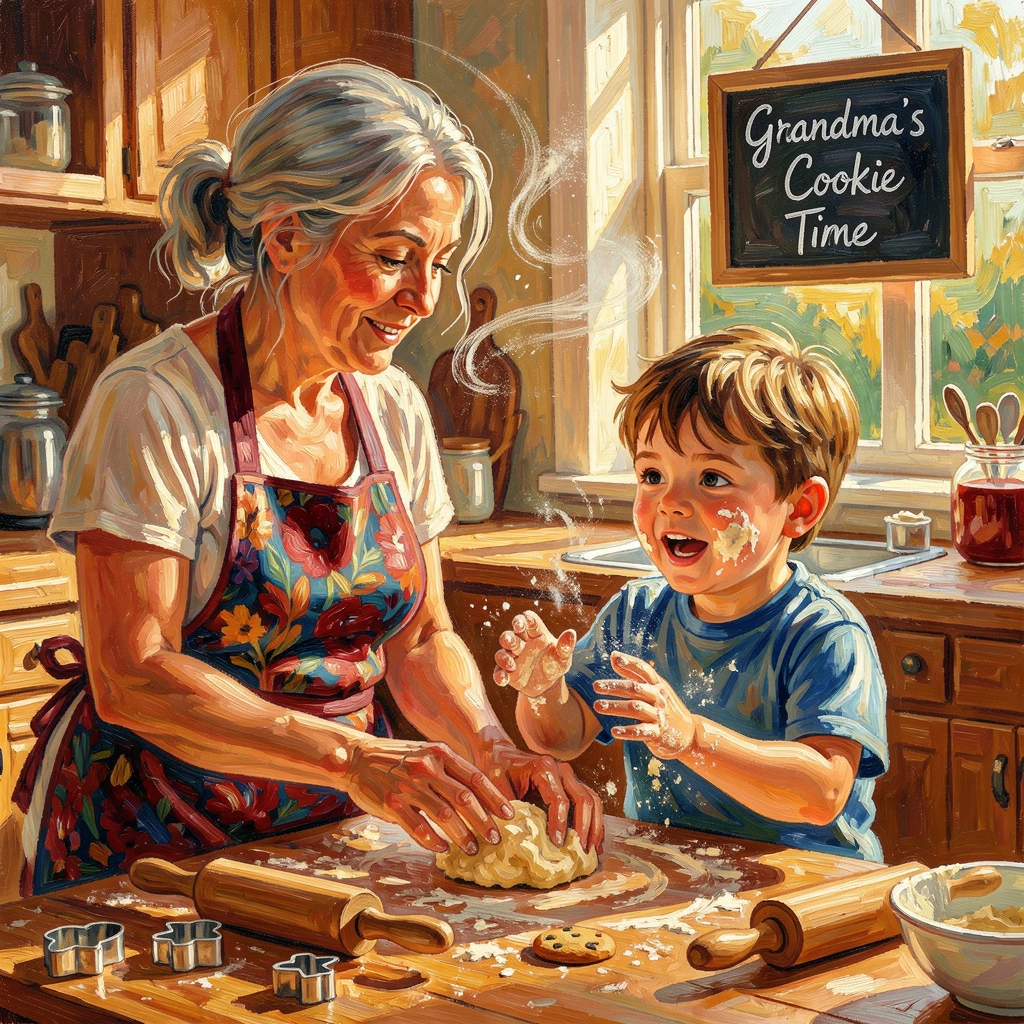 A grandmother teaching her grandson to bake cookies, flour dusting both their hands.