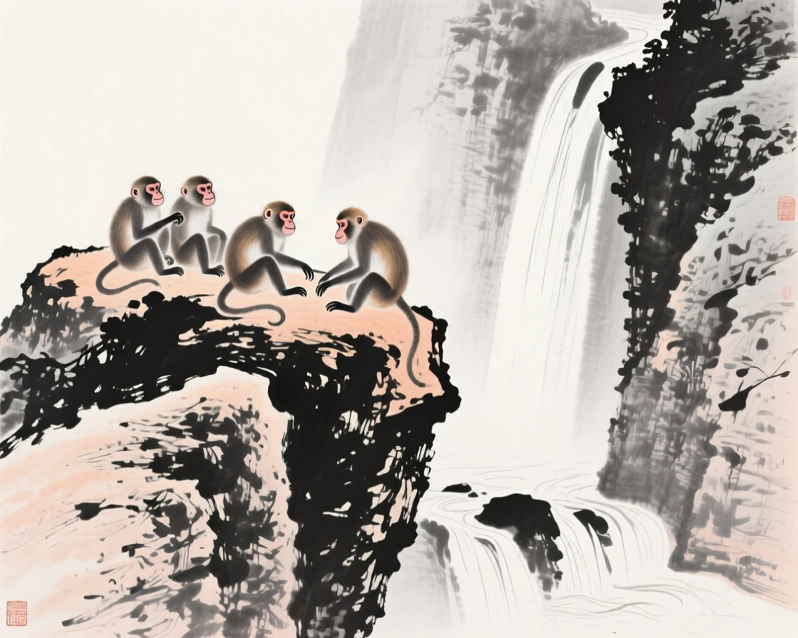 A group of monkeys rests on sun-warmed boulders above a gorge, with a waterfall visible in the distance.