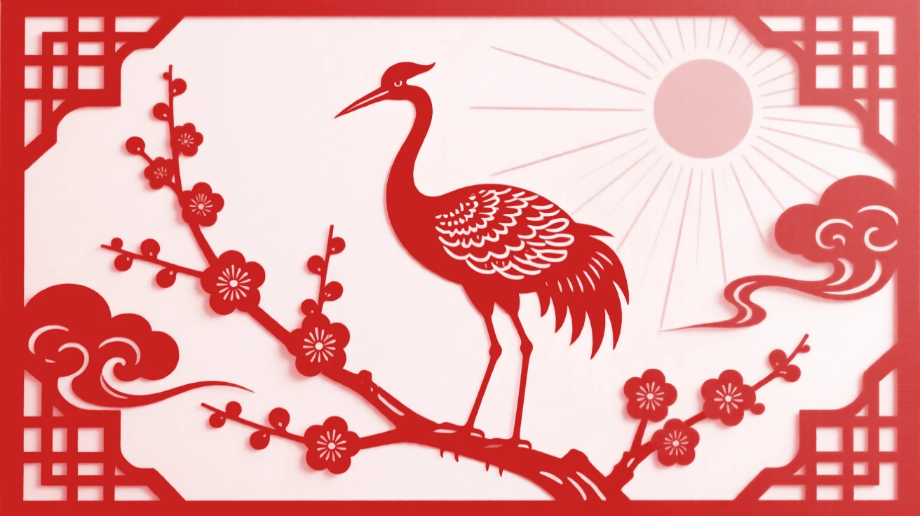 A red-crowned crane, perched on a blossoming branch at first light, framed by drifting clouds and soft morning light.