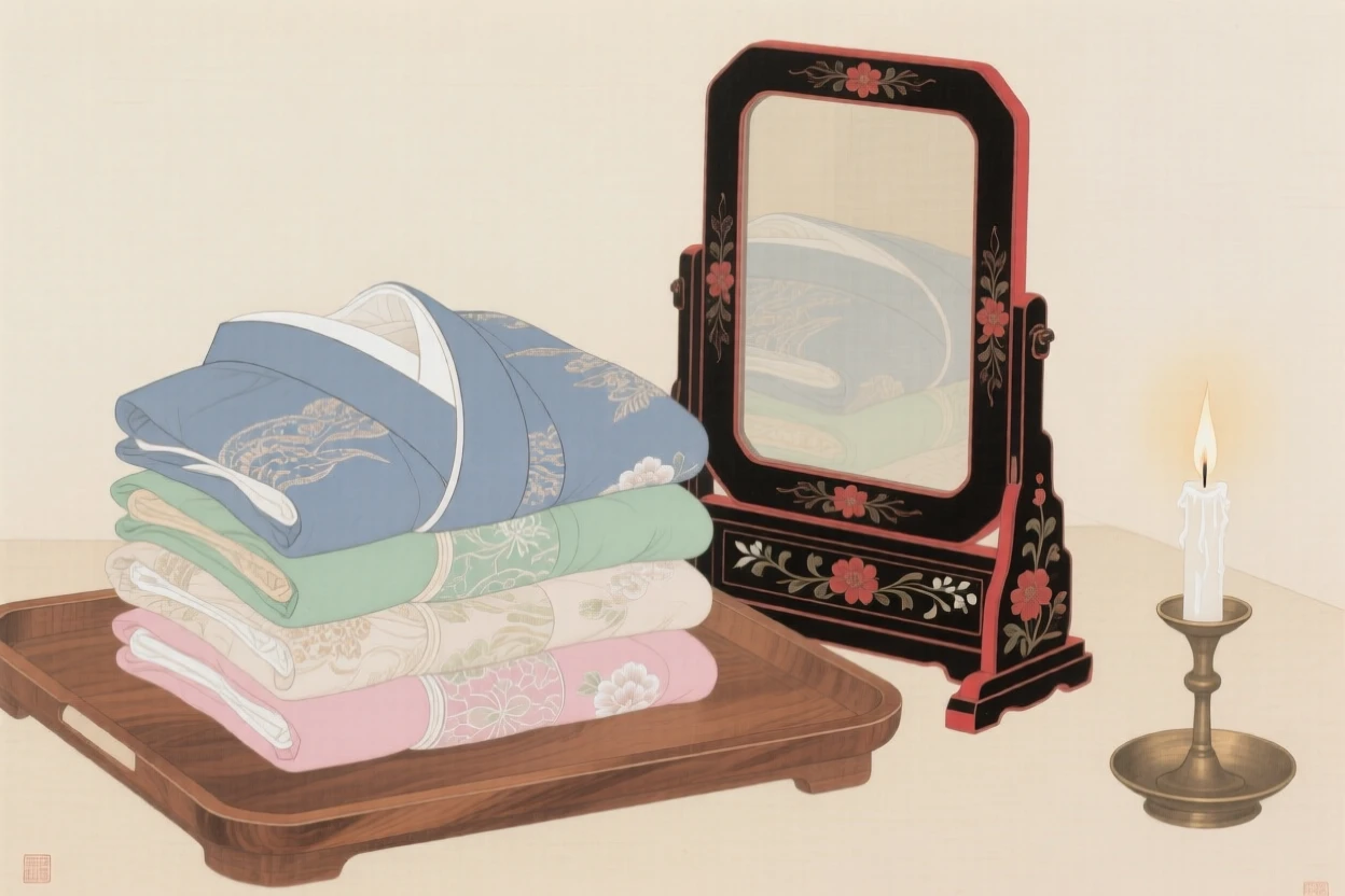 A stack of folded kimonos beside a lacquered mirror on a wooden tray beside a lit candle