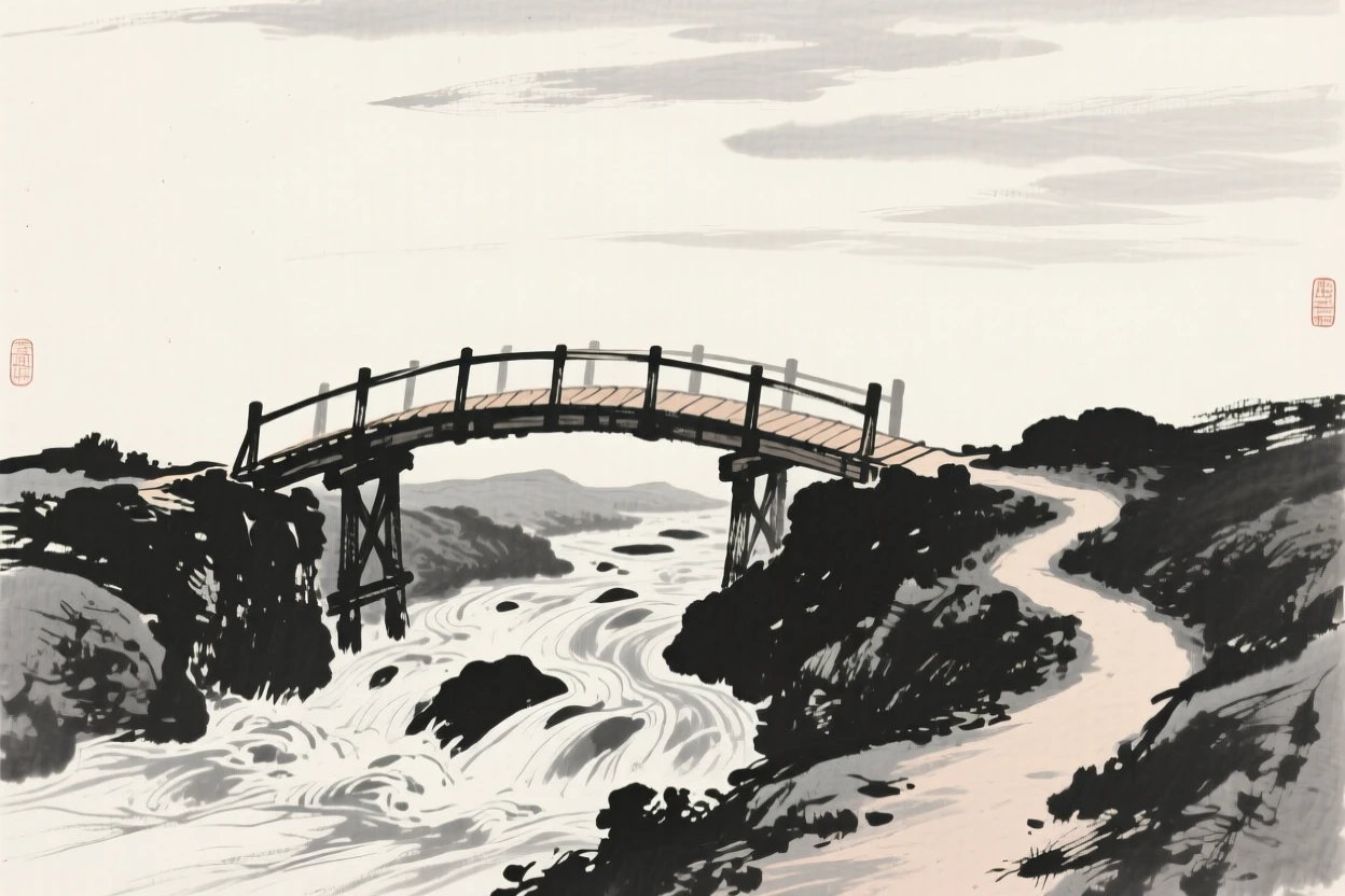 A narrow footbridge arching over a rushing mountain stream under a wide open sky scattered with drifting clouds, captured from a narrow path winding into the depth of the scene, conveying calm reflection and gentle isolation.