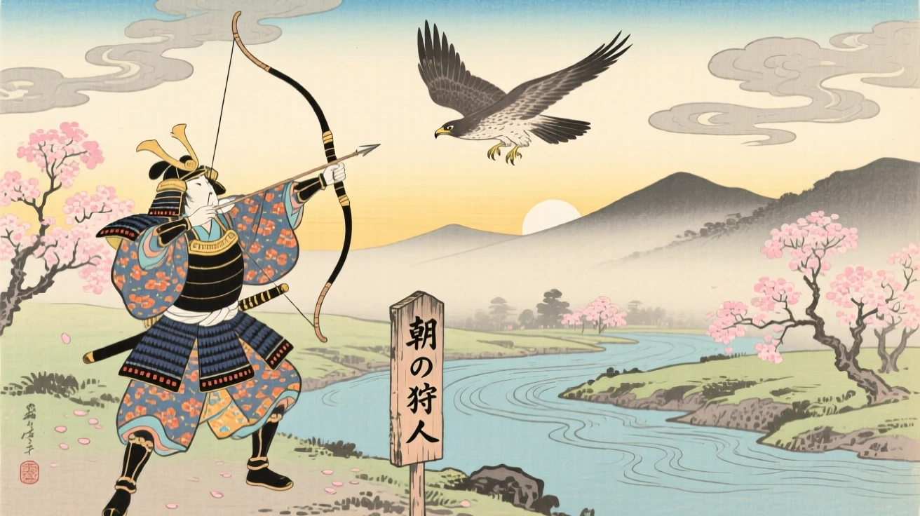 An archer releasing a hawk into the morning sky.