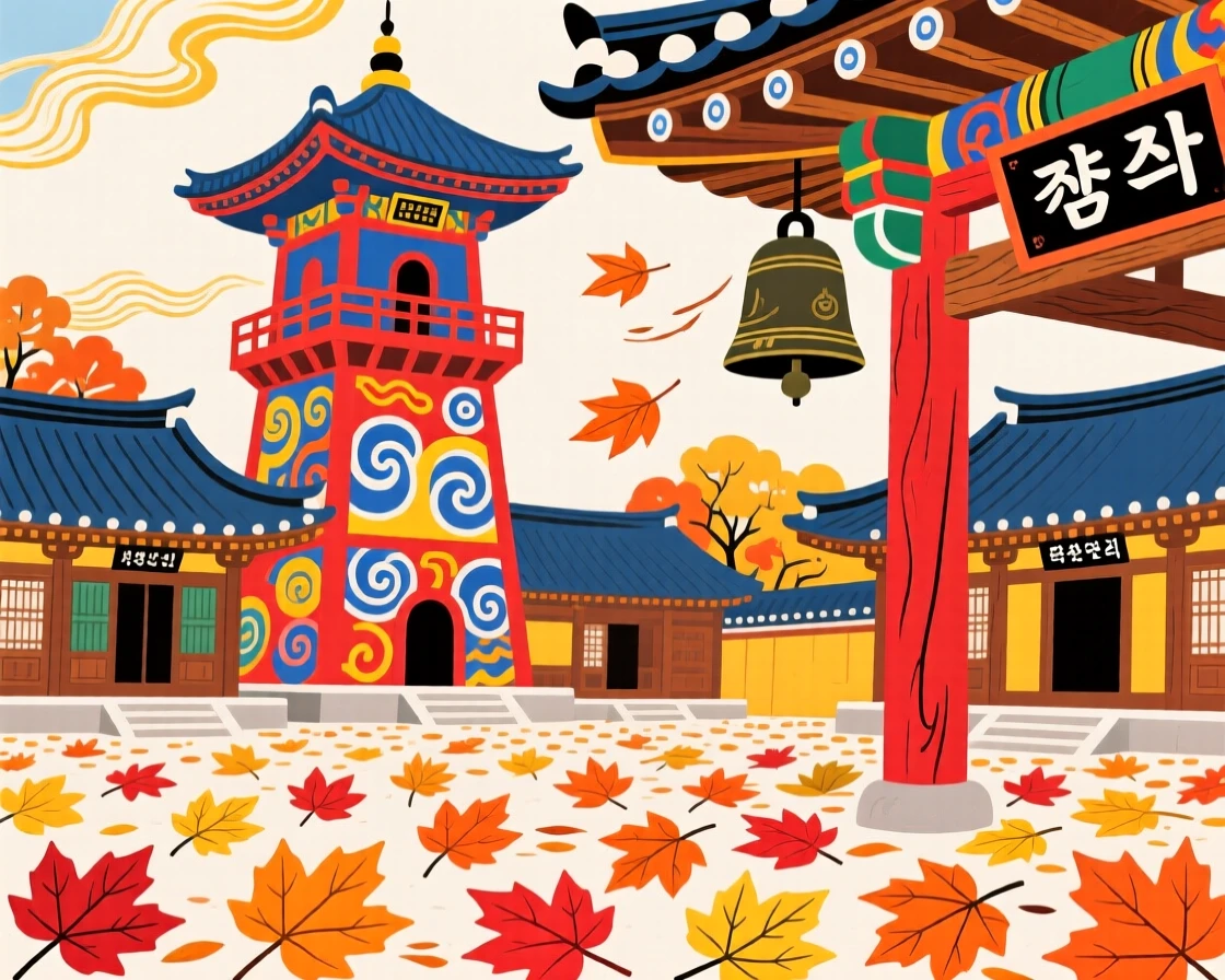 A bell tower rising above a temple complex with autumn leaves scattered across the courtyard.