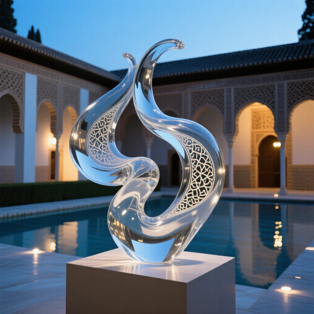 The Alhambra's ornate courtyards at blue hour with soft ambient lighting beginning to glow, reflections shimmering nearby, evoking timeless elegance.