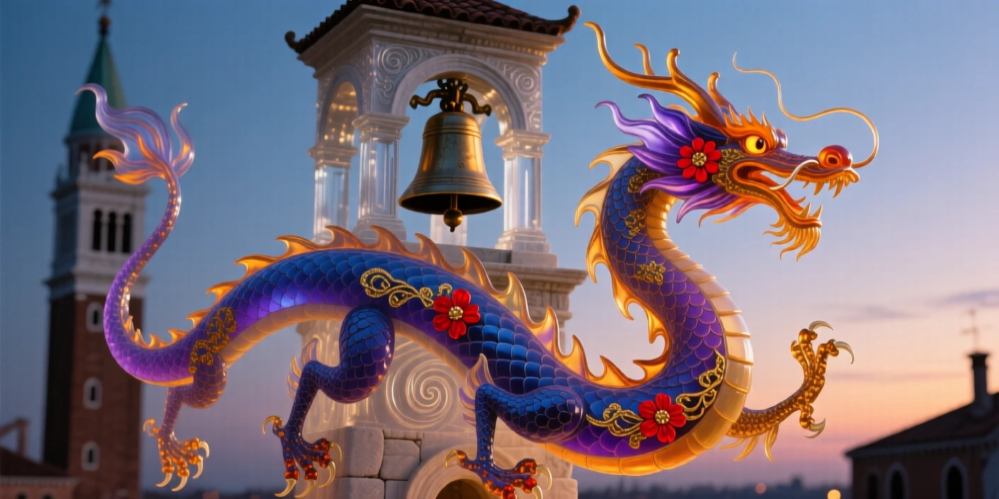 A dragon spiraling around a temple bell tower at dusk, mythic and resonant.