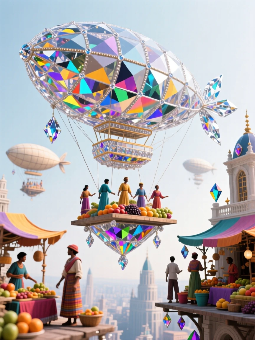 A floating market suspended among giant airships above a fantasy city.