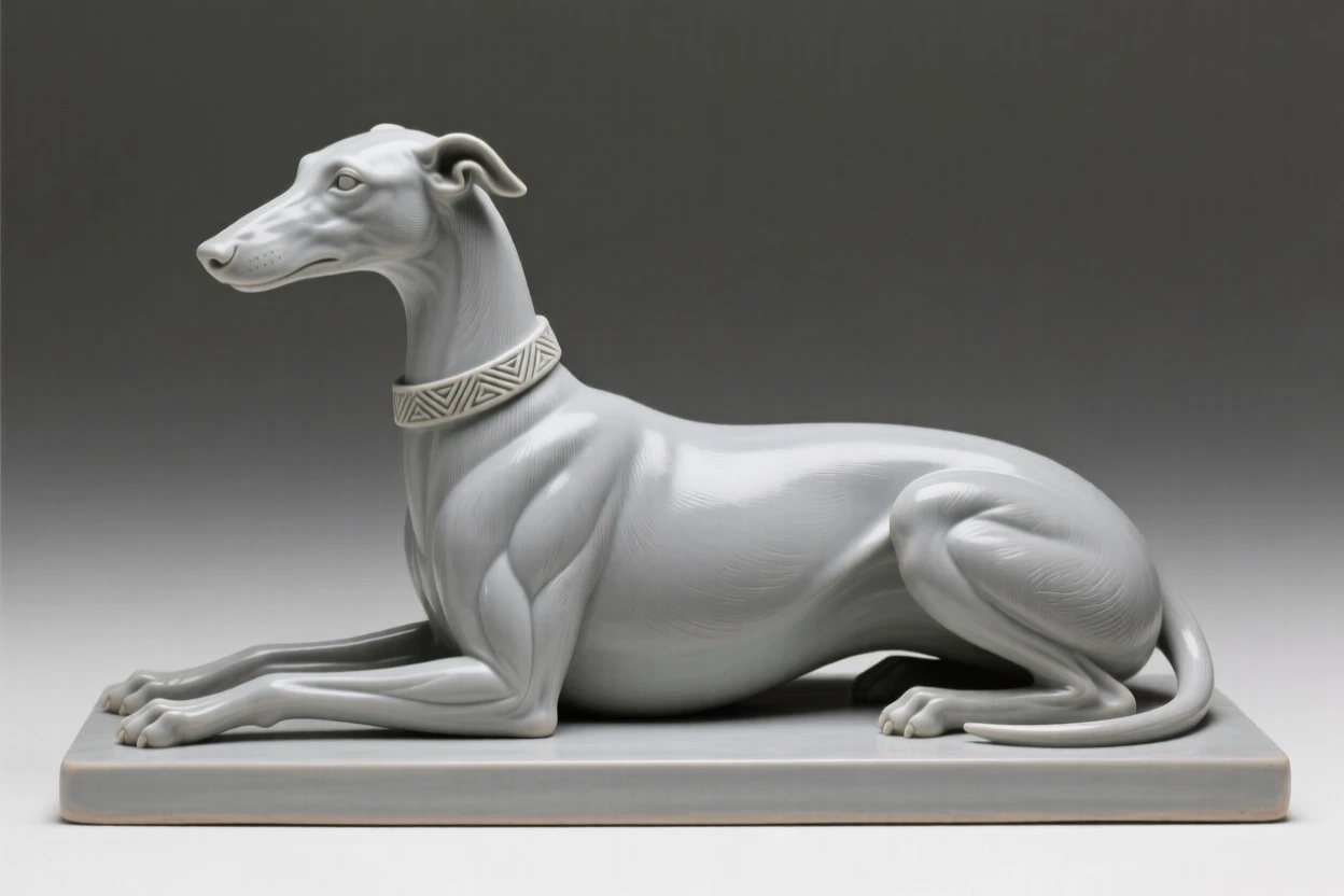 An elegant greyhound reclining regally presented in a poised, gallery-ready stance, accented with subtle, tasteful ornamentation, conveying calm, tasteful sophistication.