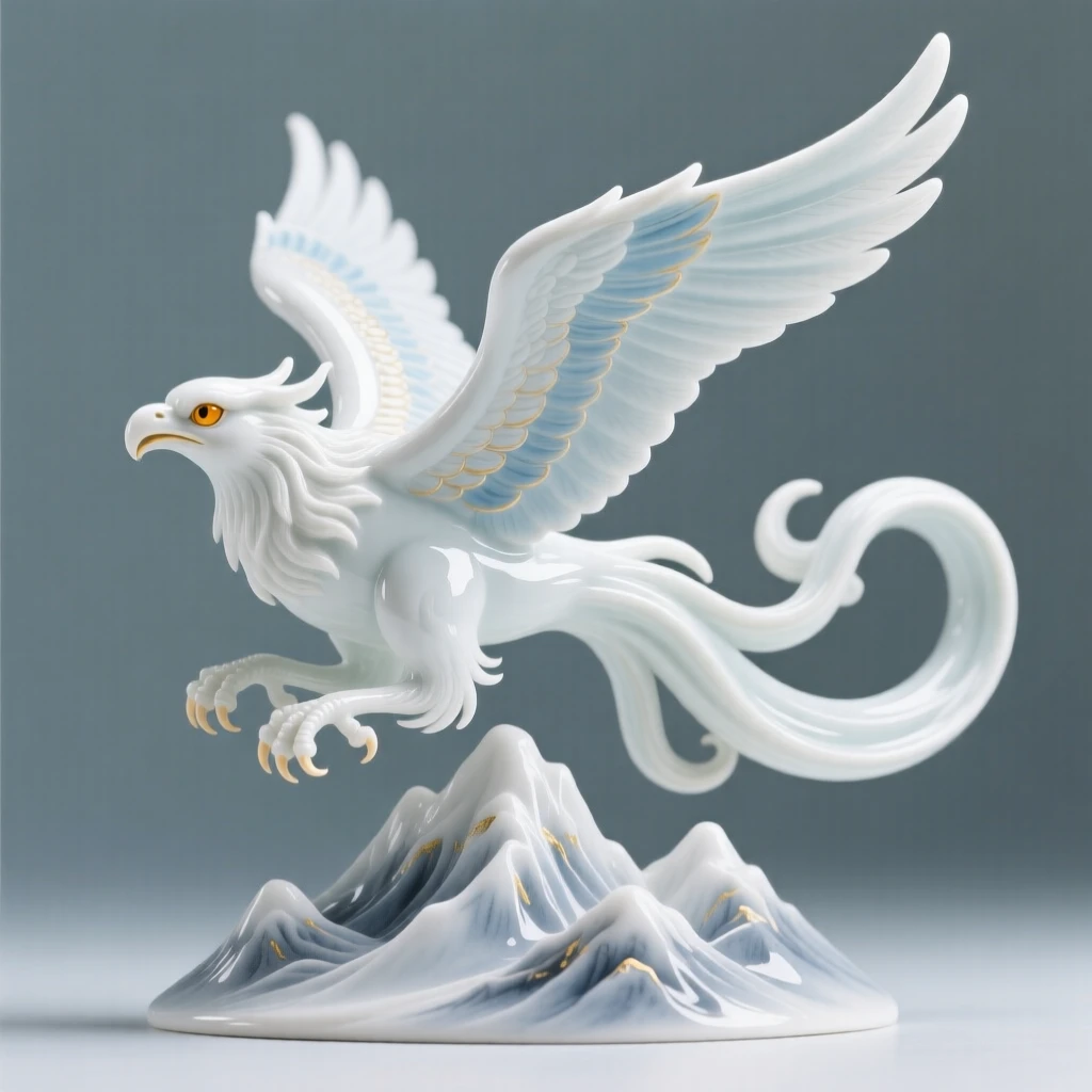 A majestic griffin soaring above a mountain range, an aura of quiet, ancient power surrounding it.
