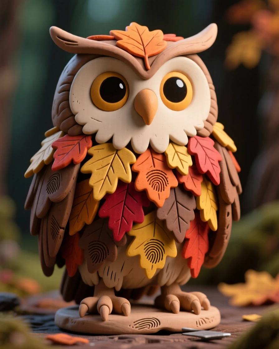 A forest guardian owl with feathers made of autumn leaves