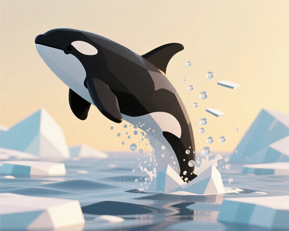 A majestic orca breaches high above icy waters, spray glittering in the golden afternoon light.