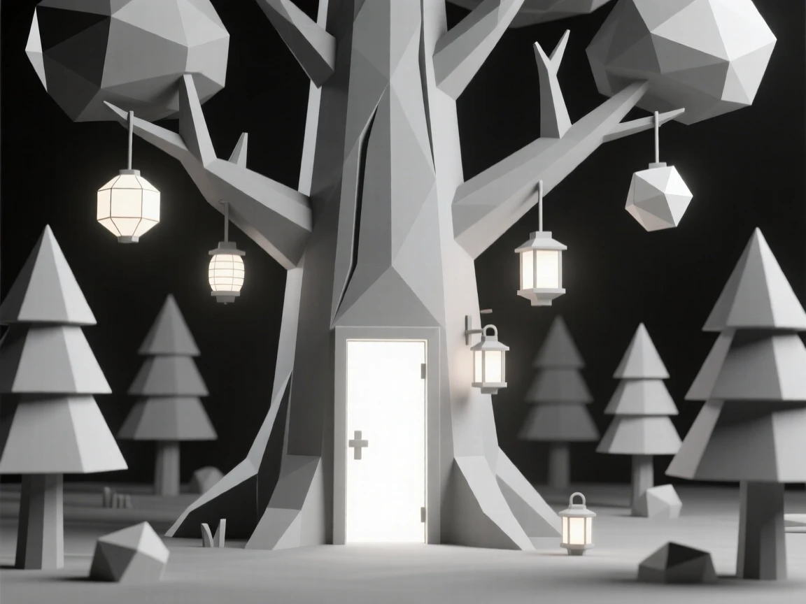 A giant tree with a glowing door carved into its trunk, within a forest lit by floating lanterns. the composition frames the subject as a clear focal point. The scene feels magical and full of wonder.