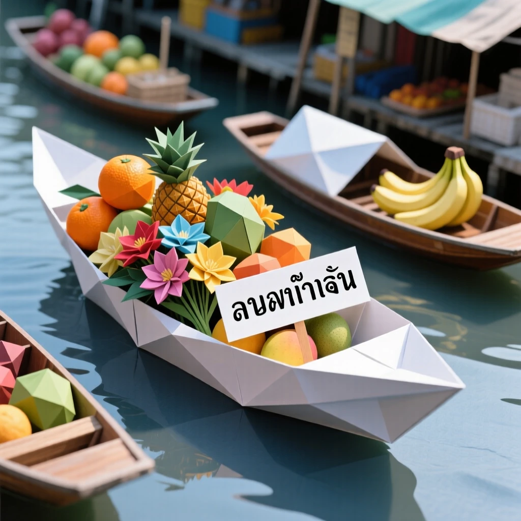 A vibrant floating market in Southeast Asia, boats piled high with fruit and flowers.