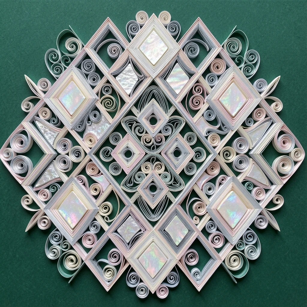 An elegant design featuring a lattice of interlocking geometric diamonds, built up in graduated layers of increasing size, with a subtle iridescent shimmer, set against a deep emerald background.