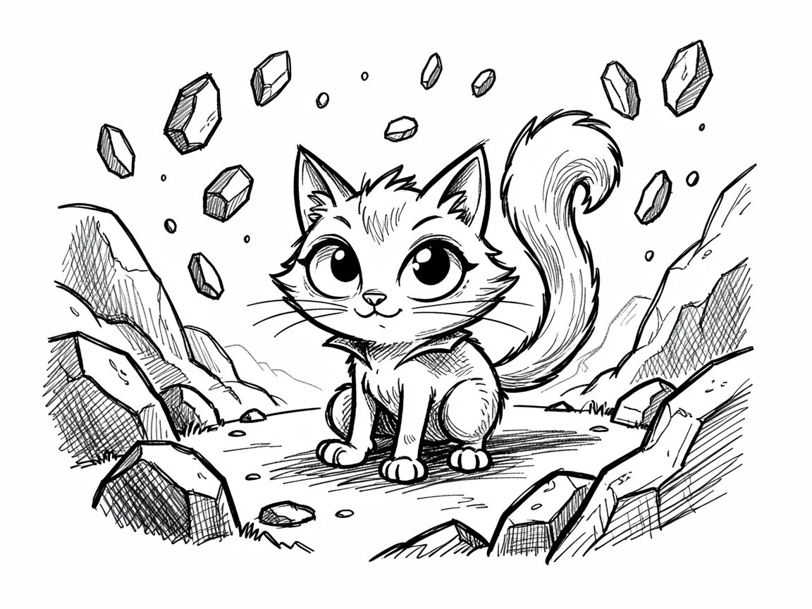 A tiny wizard's familiar cat with glowing eyes in a valley of floating stones.