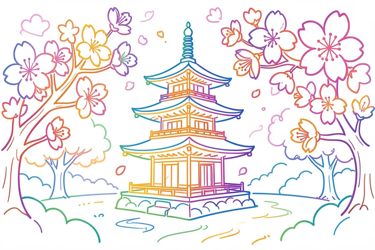 Cherry blossoms framing a traditional pagoda in a Japanese garden.