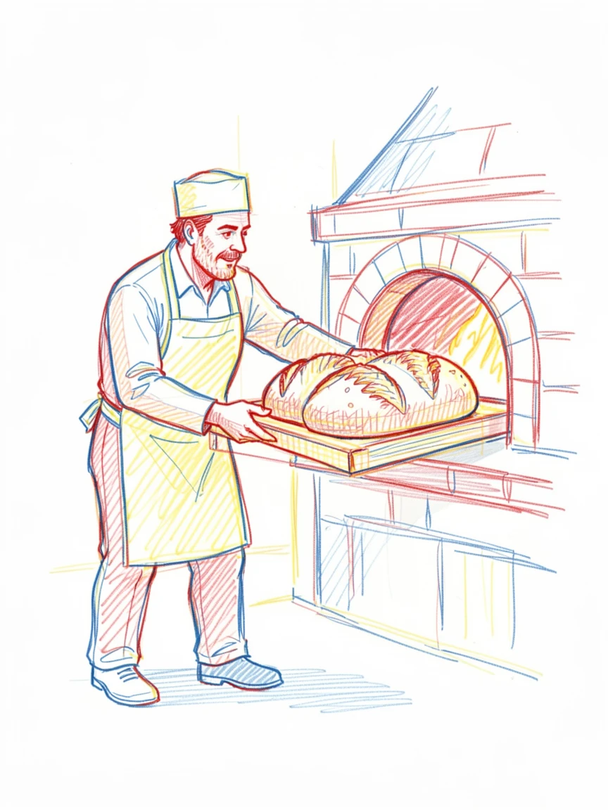 A baker pulling a fresh loaf of bread from a wood-fired oven