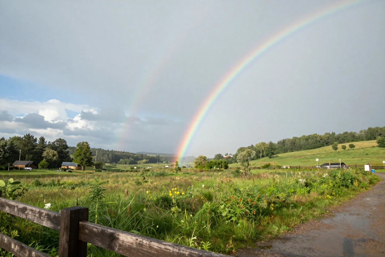 A rainbow arcs over a green valley just after a passing summer shower.