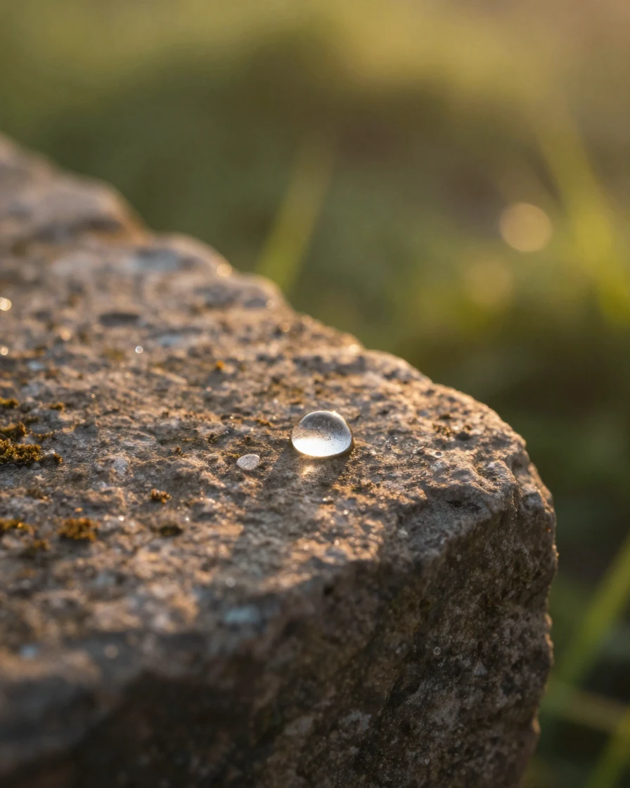 A drop of morning dew sitting quietly on a stone ledge, quietly telling its own small story