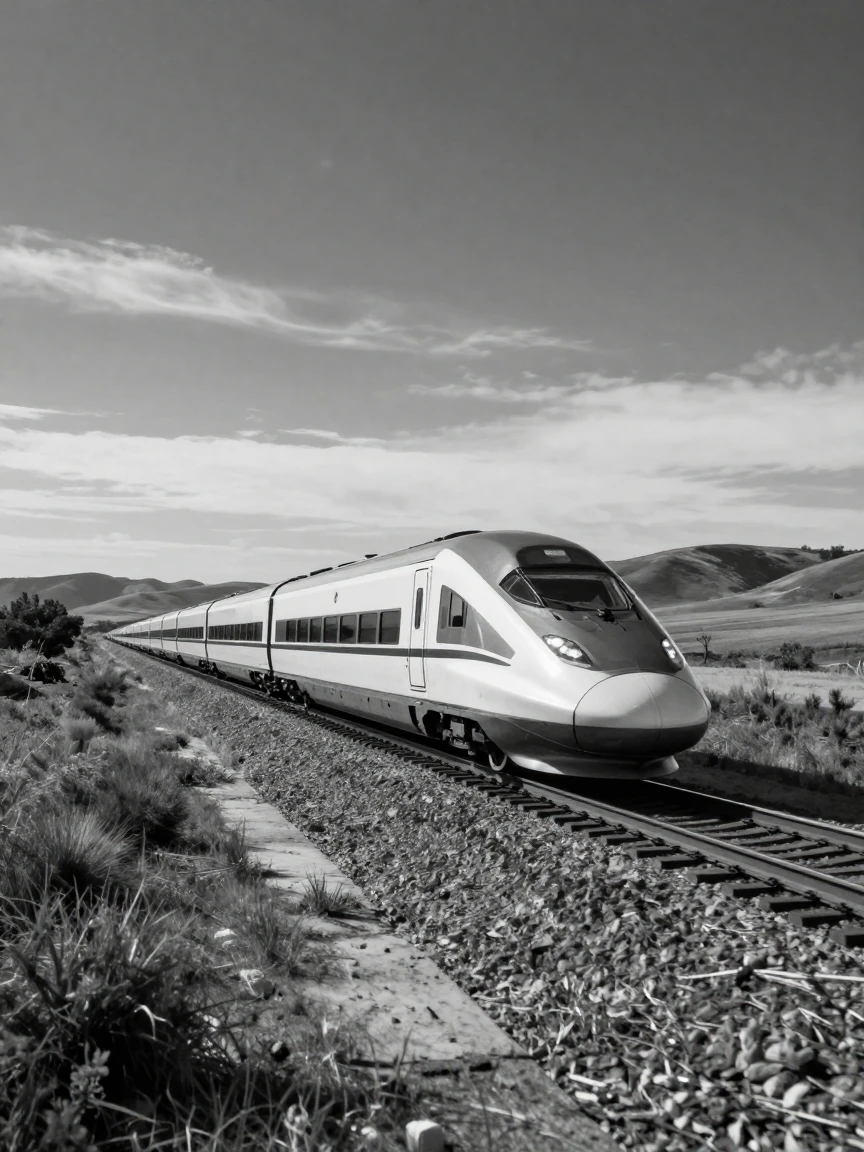 A high-speed train speeds across the countryside across a modern rail network.