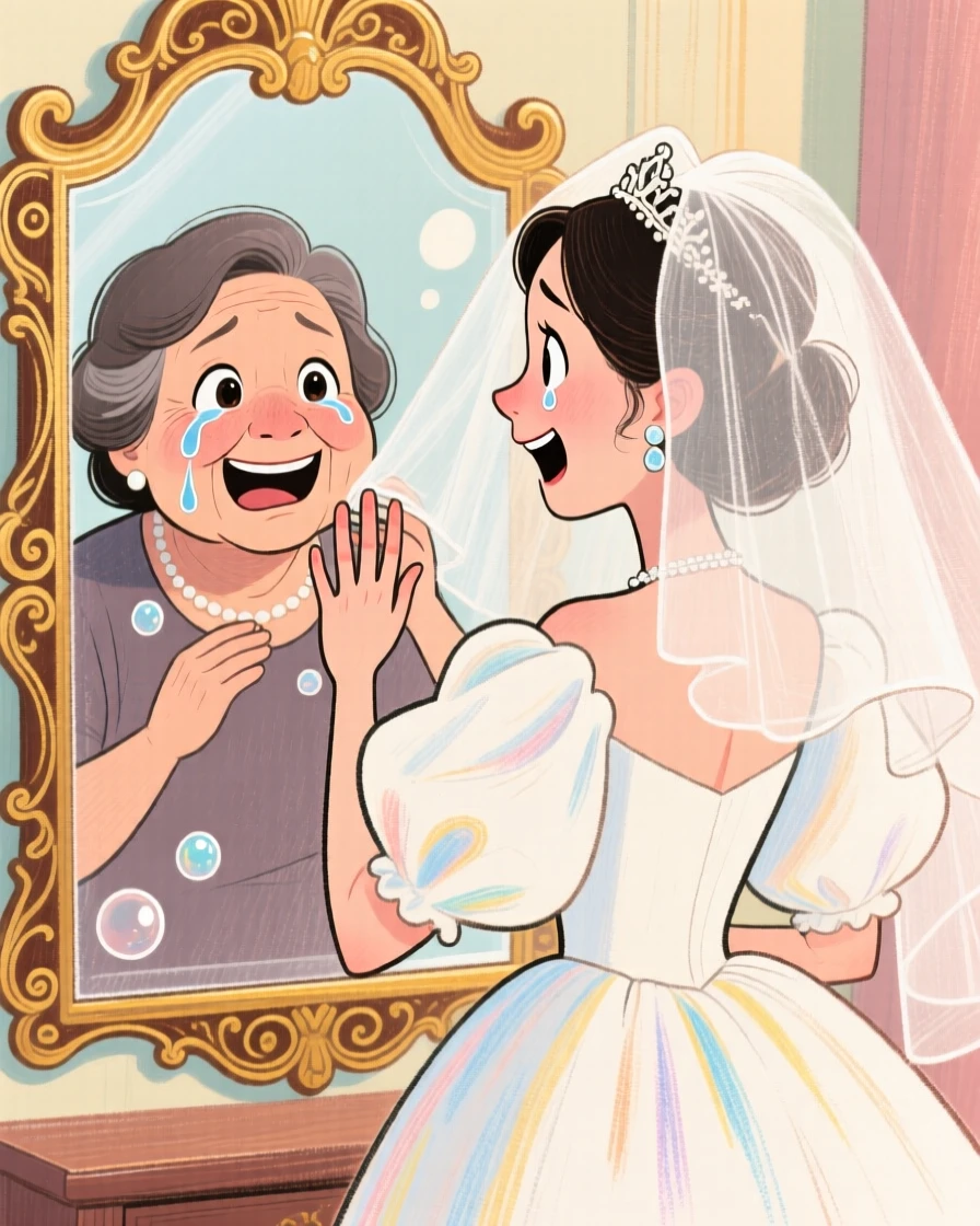 A bride adjusting her veil in front of a mirror, mother standing behind with tears in her eyes.