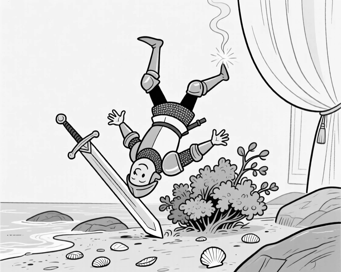 A knight tripping over his own oversized sword, flapping helplessly while stuck upside down in a bush, set on a rocky shoreline scattered with shells. A stray spark sets a curtain gently smoldering. It feels like a page pulled from a beloved fairy tale.