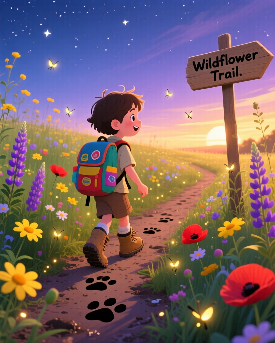 In a wildflower meadow, a young explorer with a backpack is following a trail of paw prints in the mud, as fireflies begin to appear at dusk.