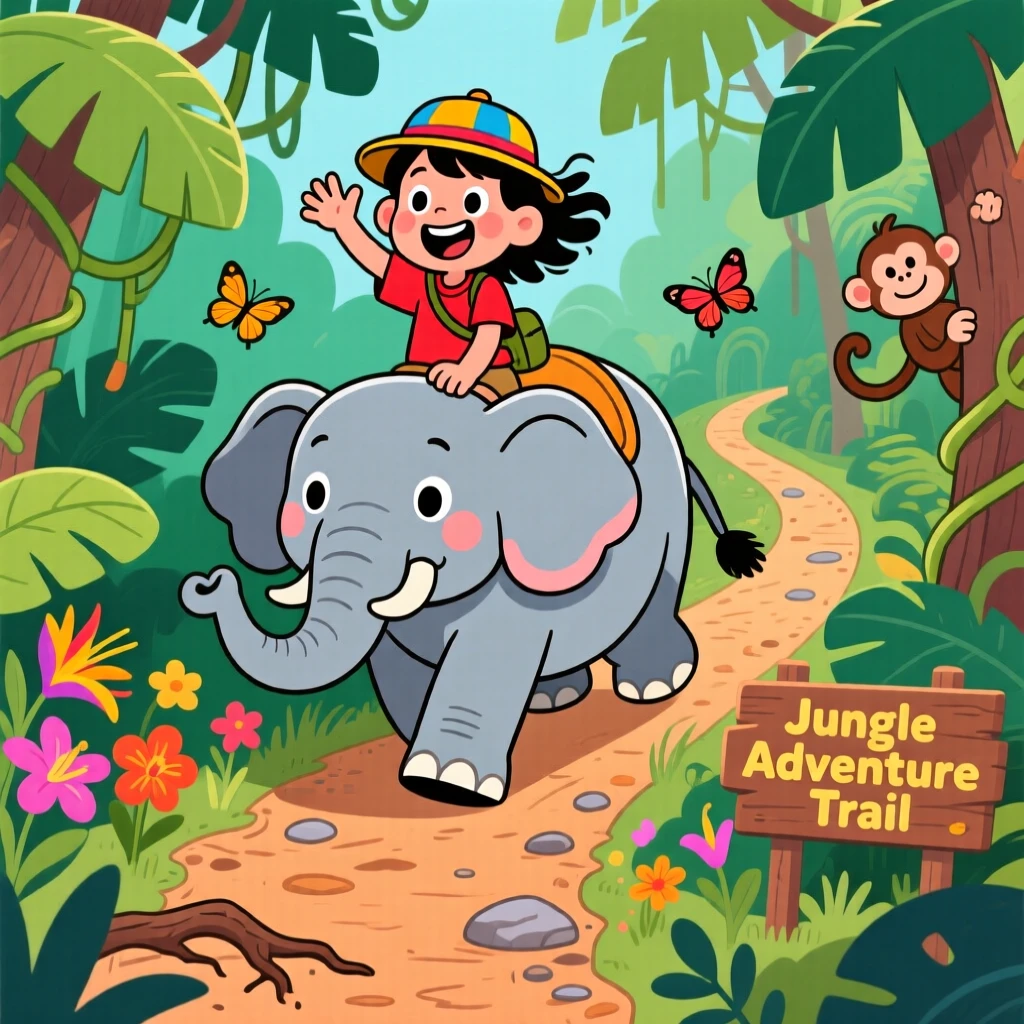 A child riding an elephant through a jungle path in wonder.