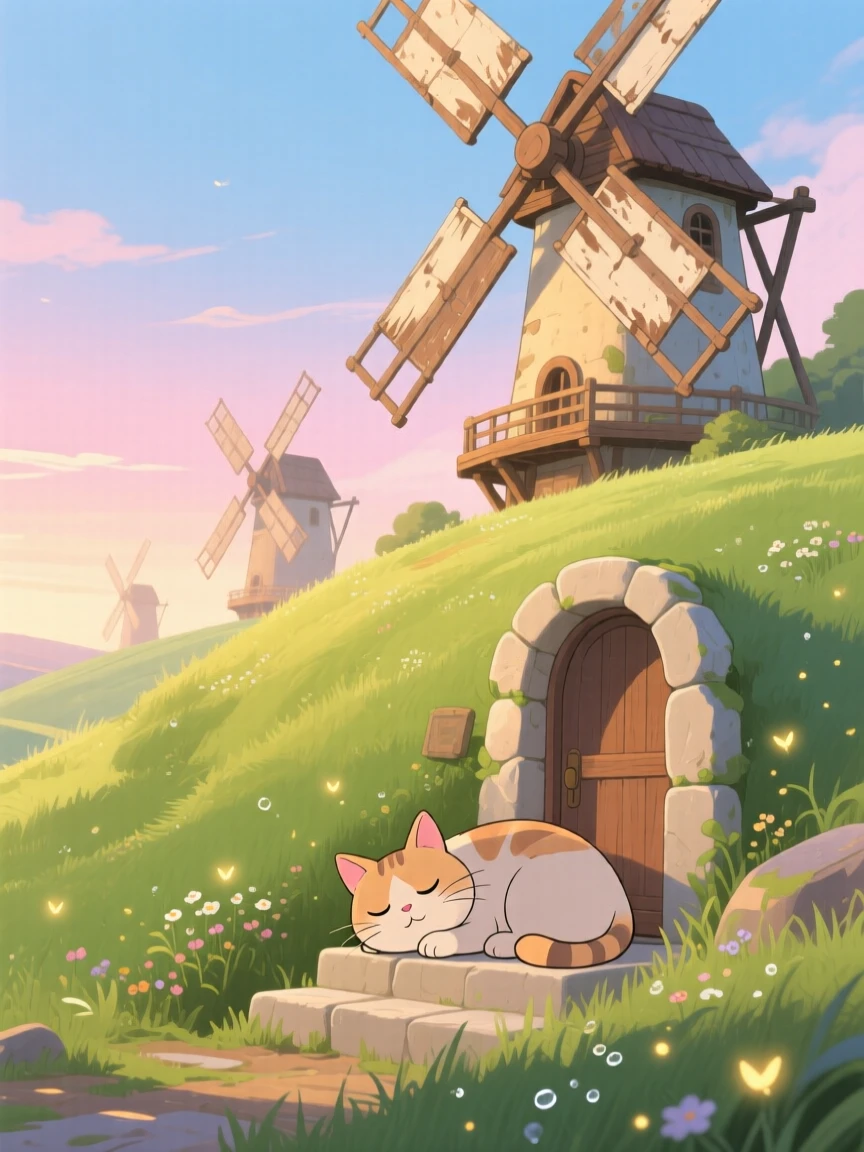 A cluster of windmills turning slowly on a green hill, with a cat dozing on a warm doorstep, in the soft morning light.