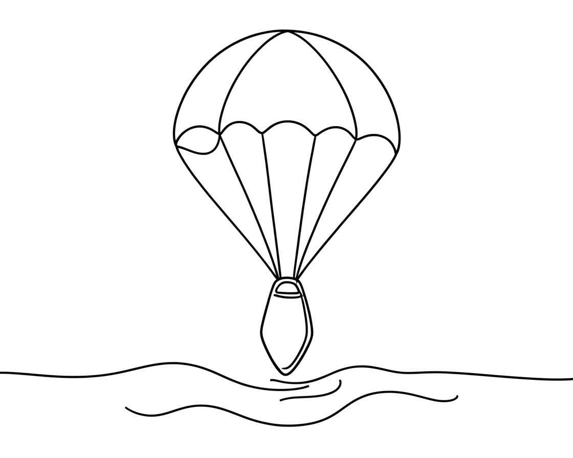 A space capsule descending beneath a parachute toward the ocean