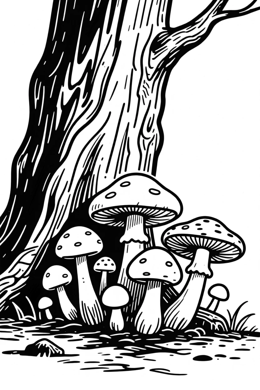 A cluster of wild mushrooms growing at the base of an old tree.