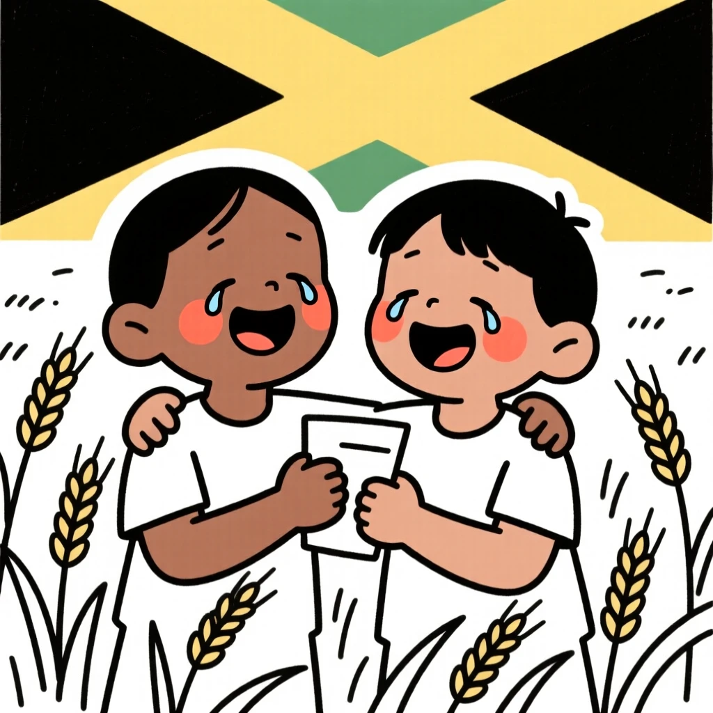 Siblings laughing together of Jamaican heritage, holding back happy tears, in a wheat field at harvest.