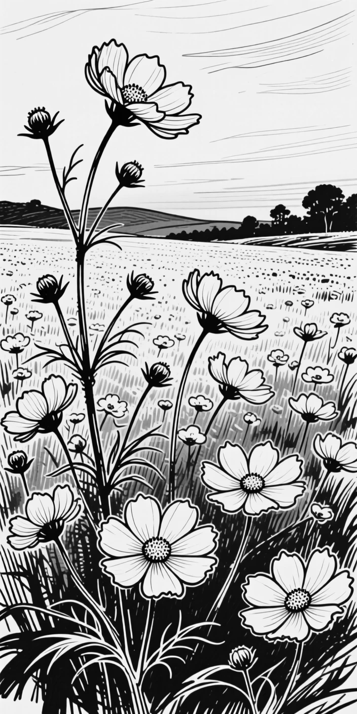 A field of cosmos flowers swaying softly in an evening breeze.