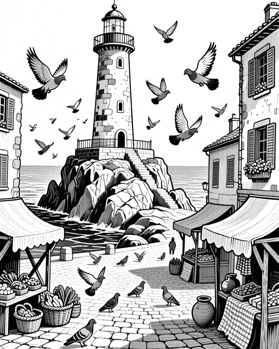 An old lighthouse on a rocky point as pigeons scatter across the square, featuring market stalls tucked into the corners, rendered in a cozy and inviting architectural composition.