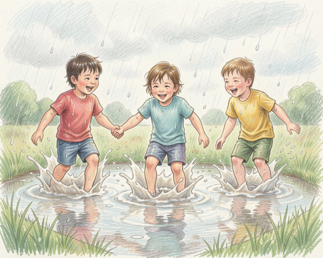 Children splashing joyfully in puddles after a summer rain, with tender, candid details that feel true to life, designed to feel heartwarming and deeply relatable.