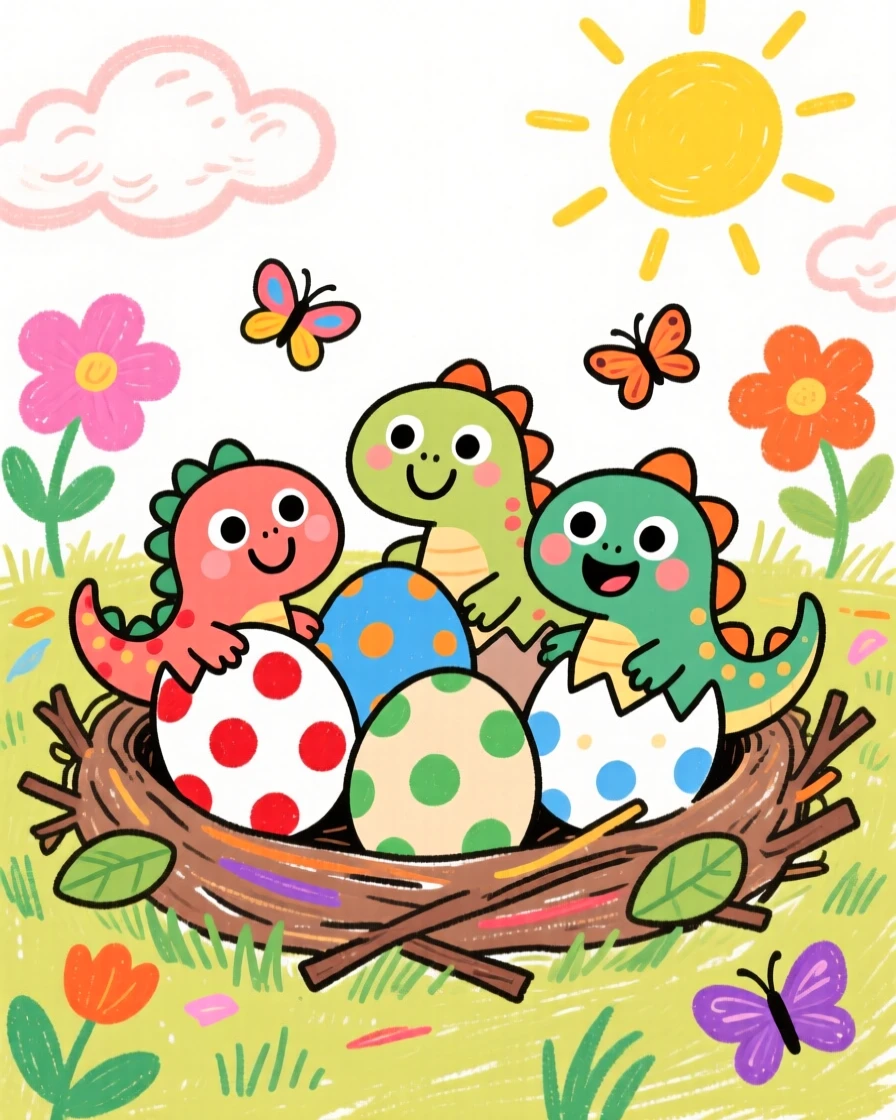 A friendly pack of young dinosaurs hatching from eggs near a nest of speckled eggs in a warm clearing.