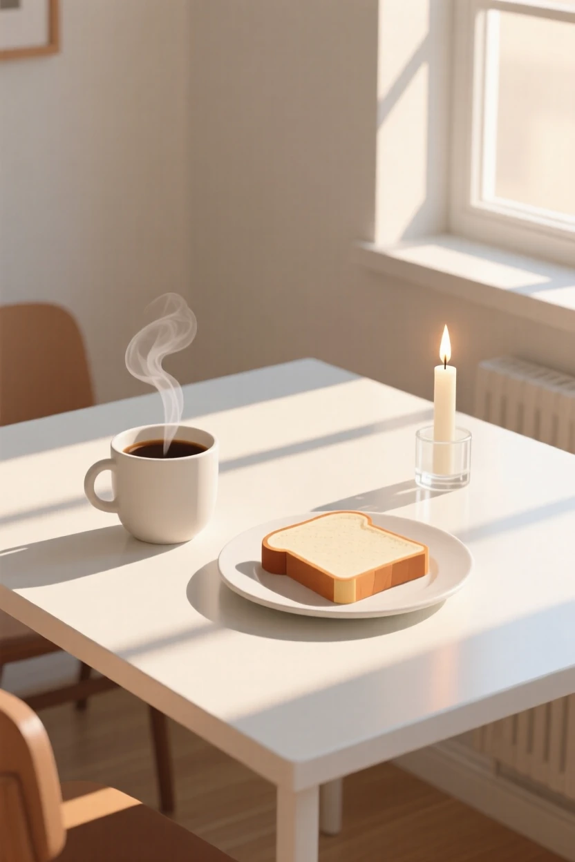 A morning scene of breakfast table resting in a sunlit apartment beside a lit candle, radiating calm comfort.
