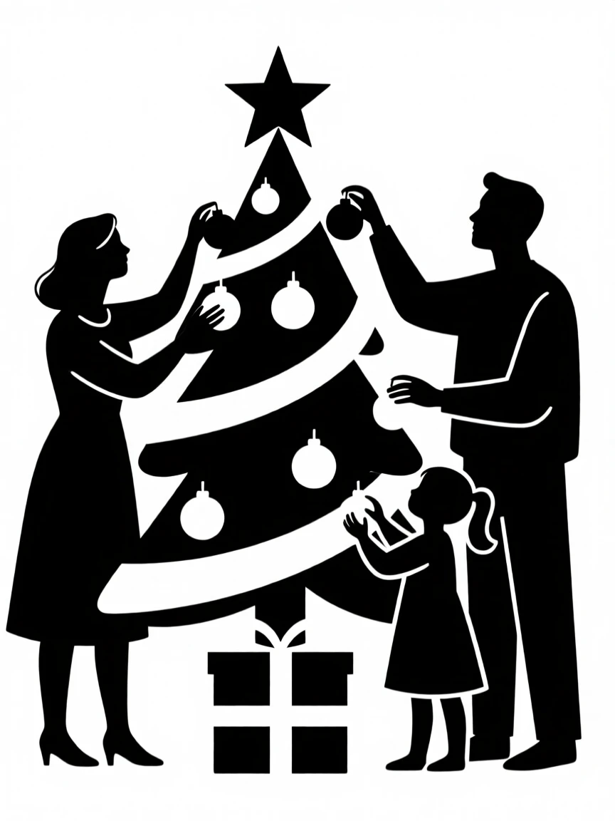 A family decorating a Christmas tree together.