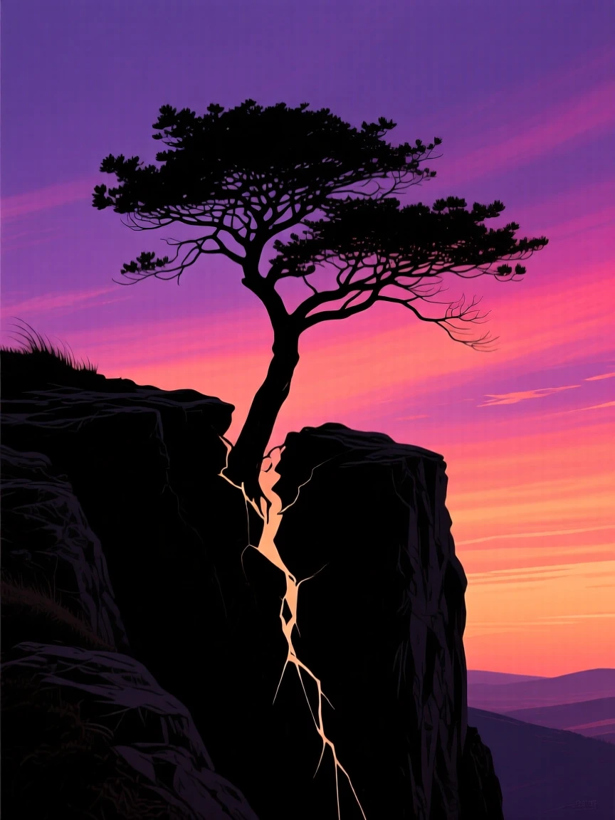 A lone tree growing improbably from a crack in a wind-swept cliff.