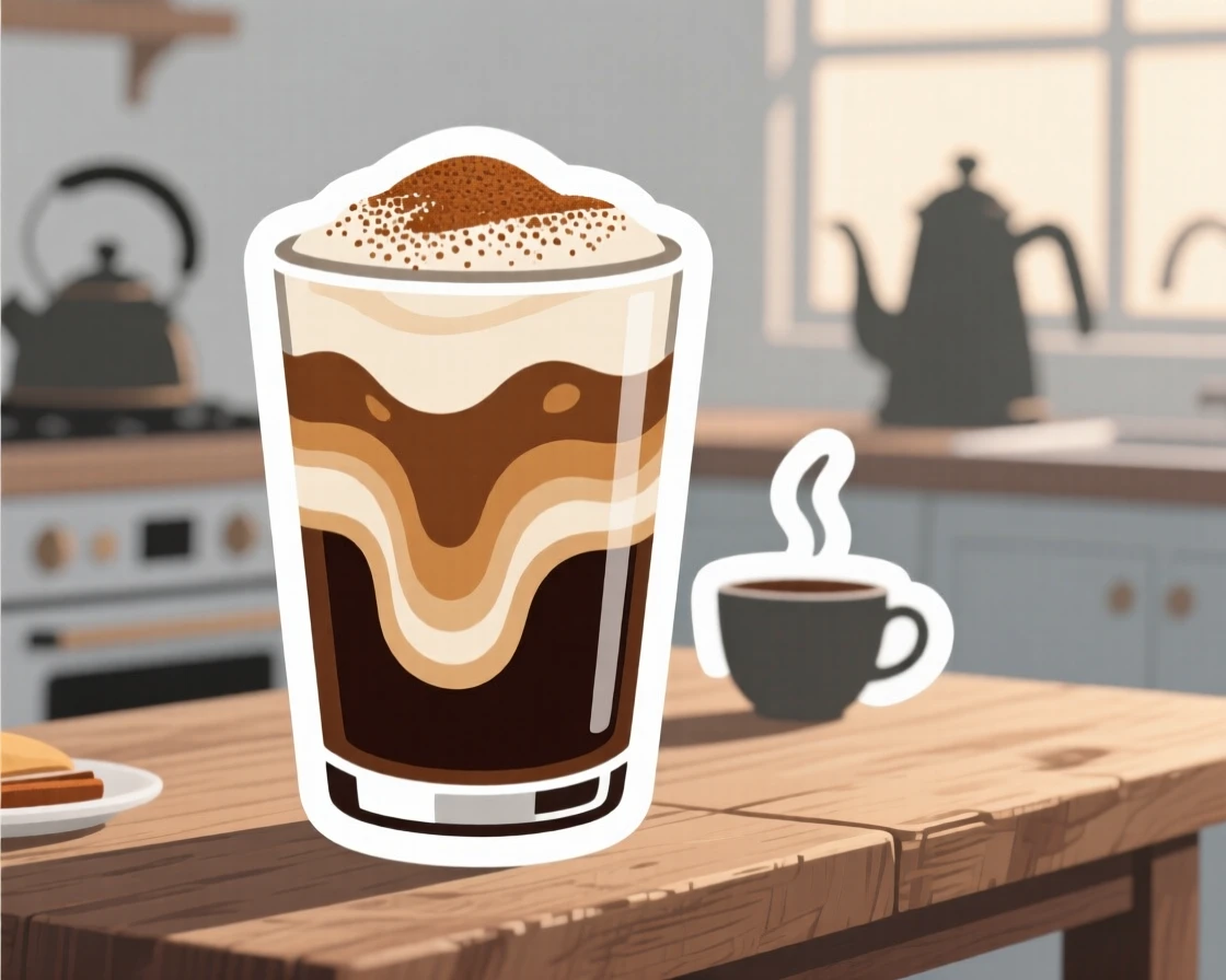 An irresistibly warm glass of iced coffee with layers of cream, dusted with cinnamon on top, in a cozy kitchen during breakfast.