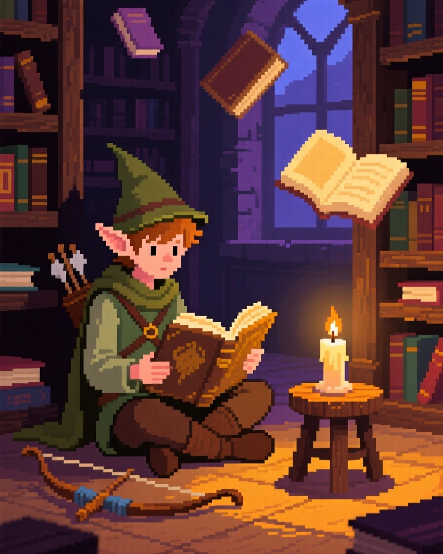 A small elf scout with a bow reading an old spellbook by candlelight, in a library filled with floating books.