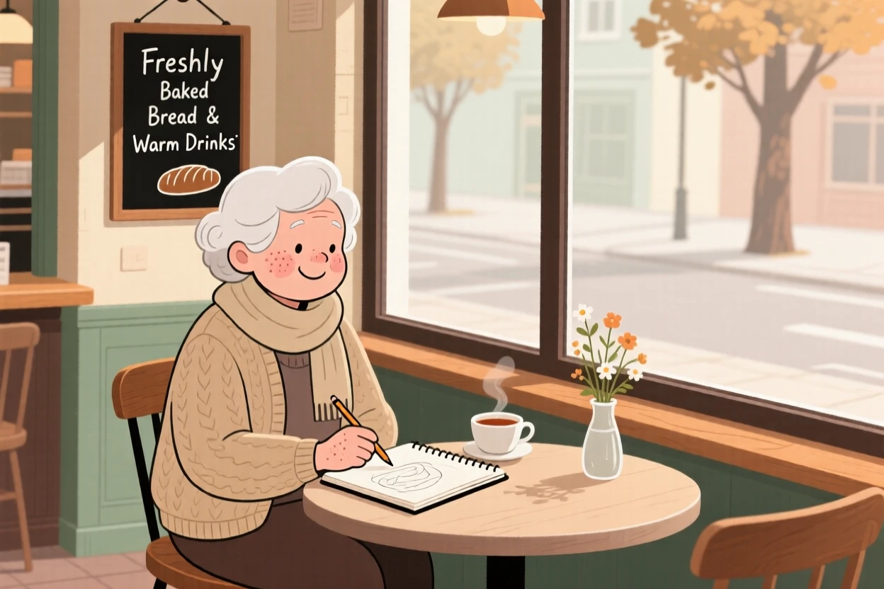 A elderly woman sits by the window of a small corner café, sketching in a notebook as the smell of baking bread fills the air.
