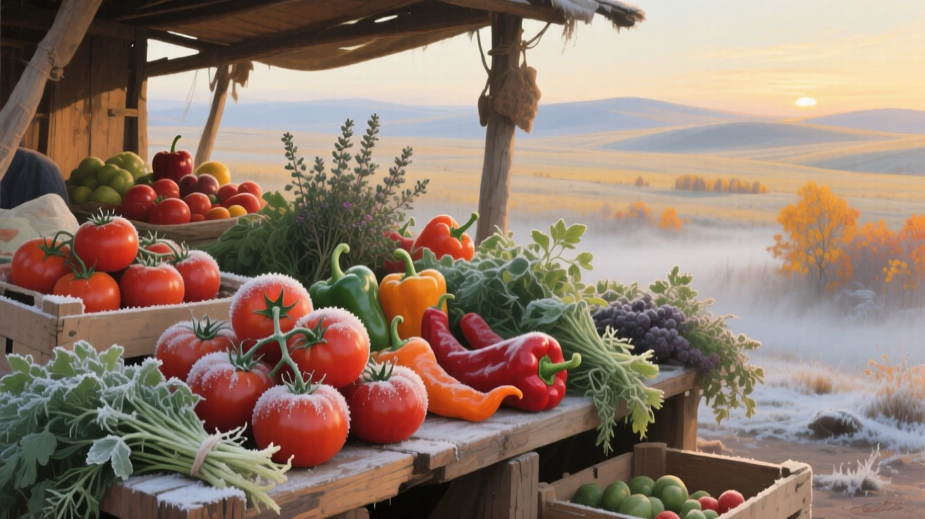 A close-up portrait of a market stall overflowing with ripe tomatoes, peppers, and herbs, during the first frost of autumn, in the Mongolian steppe.