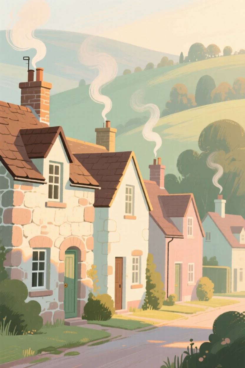 A row of stone cottages with smoke rising from their chimneys