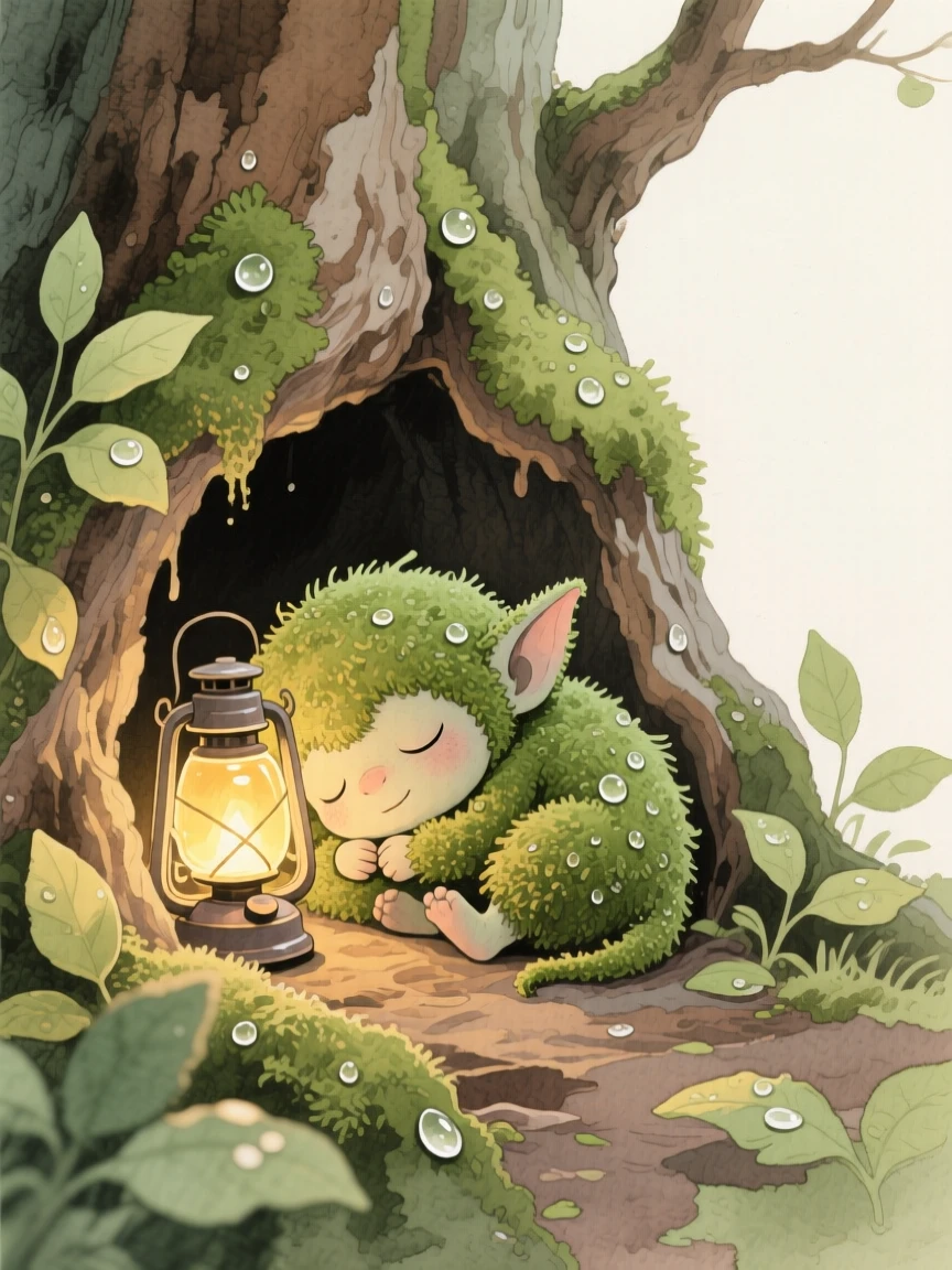 A tiny moss troll curls asleep beside a glowing lantern in an ancient hollow oak, while dew glistens on every leaf