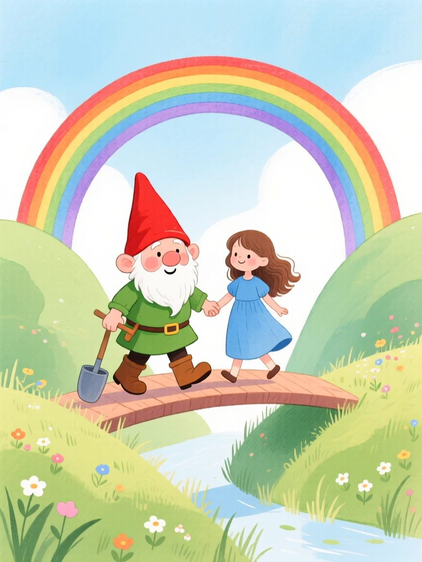 A cheerful gnome gardener guiding a girl in a flowing blue dress through a rainbow bridge between two hills.