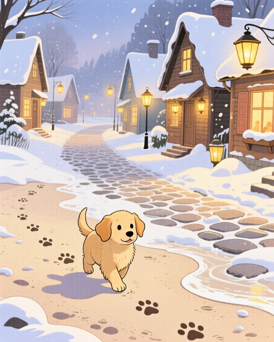 A golden retriever puppy following a trail of paw prints across a beach, set in a snowy village street lined with warm lantern light, capturing a fleeting moment of quiet contentment.