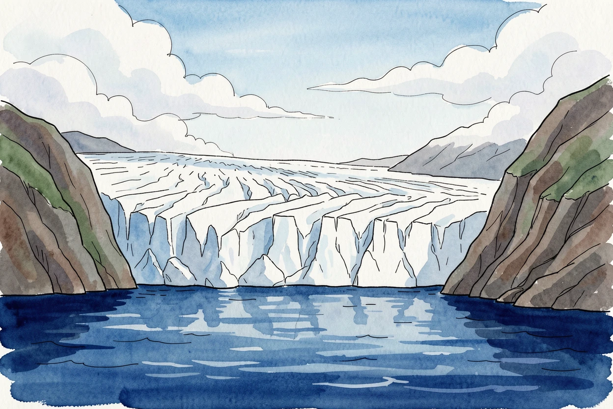 A remote glacier calving into a deep blue fjord, clouds drifting slowly across an otherwise clear sky.